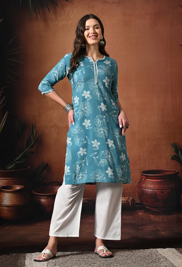 Teal_Blue_Rayon_Straight_Floral_Kurta_For_Women