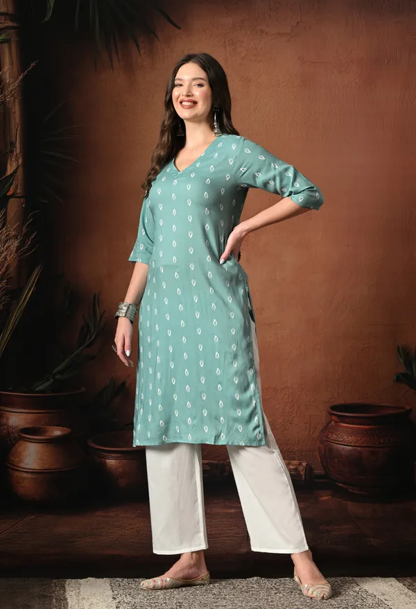 Teal_Green_Rayon_Straight_Printed_Kurta_For_Women
