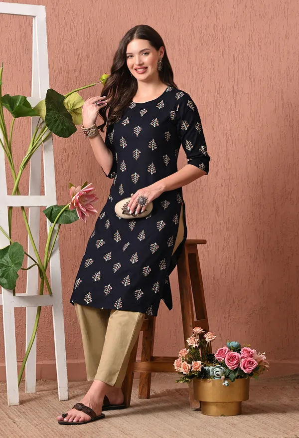 Black_Rayon_Straight_Leaf_Print_Kurta_For_Women