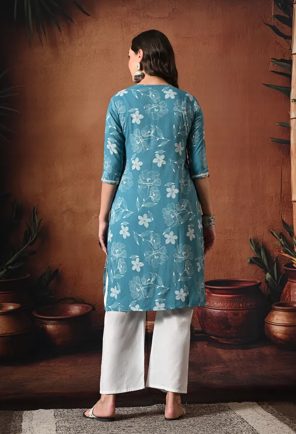 Teal_Blue_Rayon_Straight_Floral_Kurta_For_Women