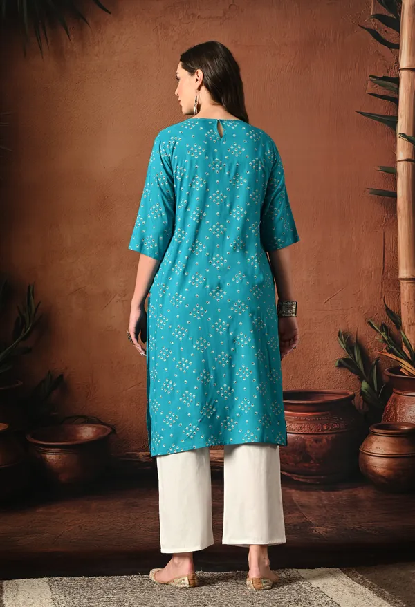 Teal_Blue_Rayon_Straight_Floral_Print_Kurta_For_Women