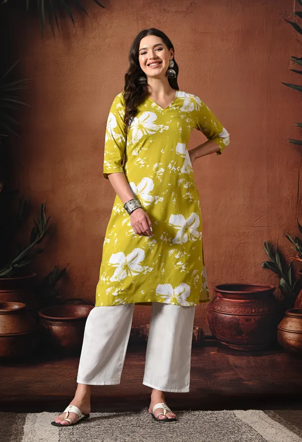 Mustard_Yellow_Rayon_Straight_Floral_Print_Kurta_For_Women