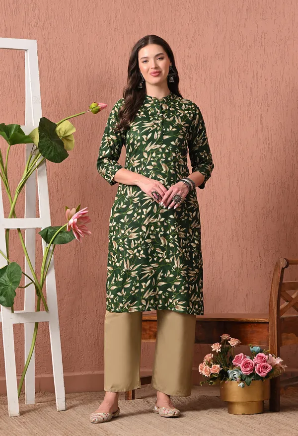 Dark_Green_Rayon_Straight_Floral_Print_Kurta_Pant_Set_For_Women