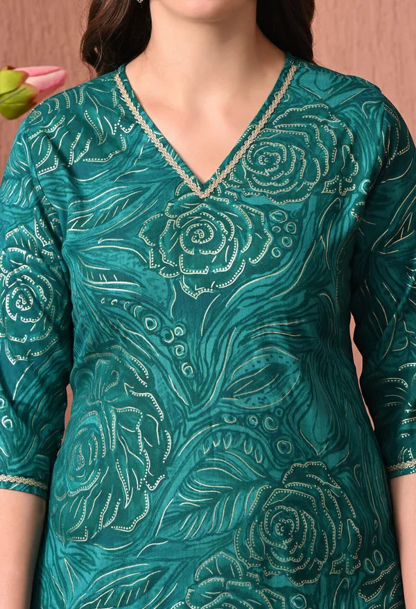 Teal_Green_Rayon_Straight_Floral_Print_V-Neck_Kurta_For_Women