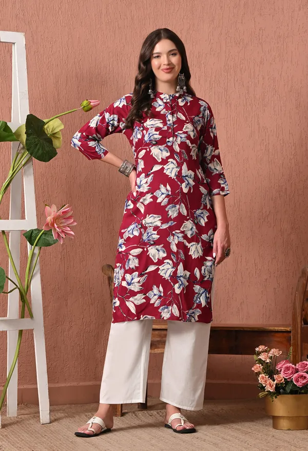 Maroon_Rayon_Straight_Floral_Print_Kurta_For_Women