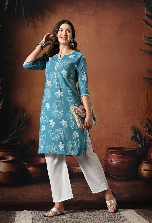 Teal_Blue_Rayon_Straight_Floral_Kurta_For_Women
