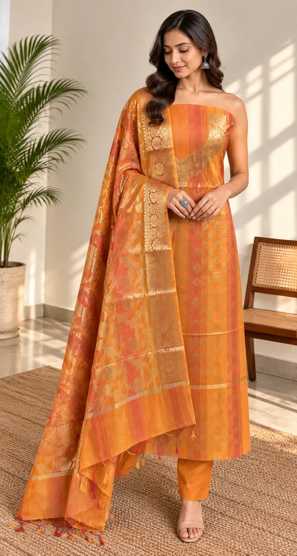 Orange_Jacquard_Straight_Kurta_Set_For_Women