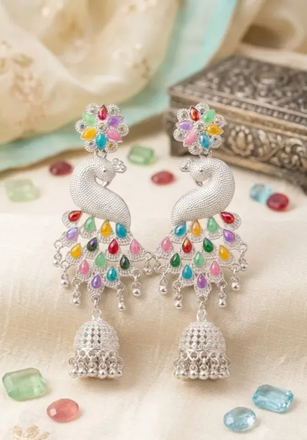 The_Royal_Peacock_Multicolour_Silver_Toned_Jhumkas