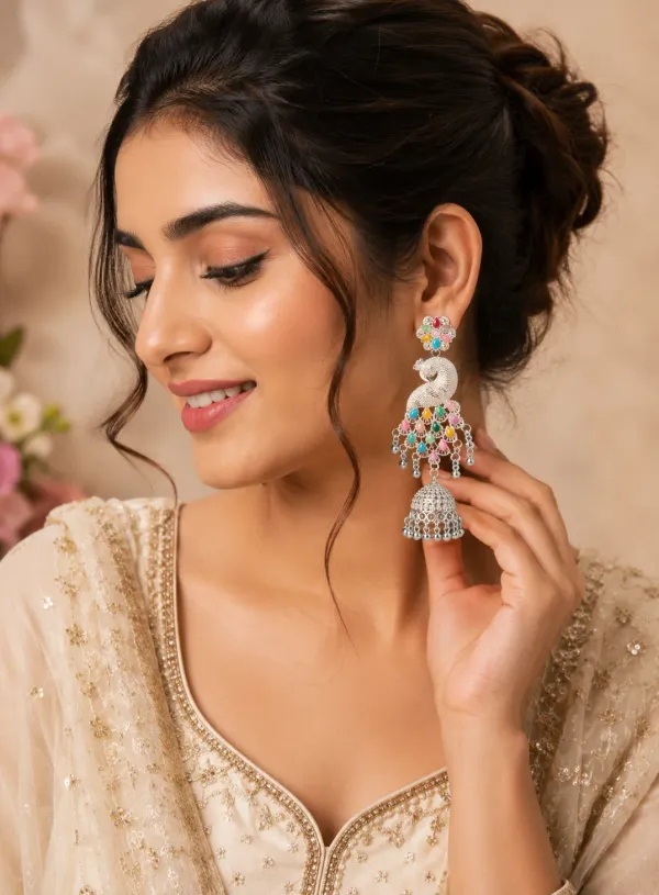 The_Royal_Peacock_Multicolour_Silver_Toned_Jhumkas