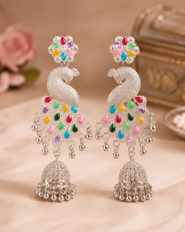 The_Royal_Peacock_Multicolour_Silver_Toned_Jhumkas