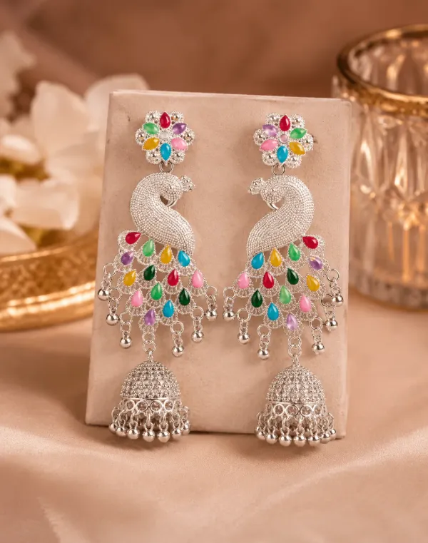 The_Royal_Peacock_Multicolour_Silver_Toned_Jhumkas