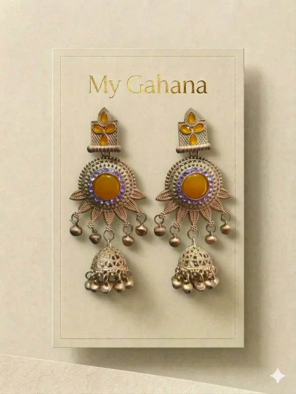 Golden_Jhumka_With_Yellow_Red_Lavender_Purple_Accent