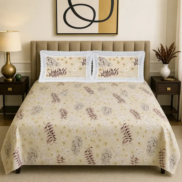 Premium_Floral_Double_Bedsheet_With_2_Lace_Border_Pillow_Covers_|_Soft_Cotton_Feel_Bedding_Set_|_Elegant_Botanical_Print_Bedsheet_For_Bedroom_Decor_(Beige_And_Cocoa)