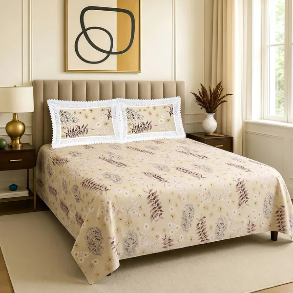 Premium_Floral_Double_Bedsheet_With_2_Lace_Border_Pillow_Covers_|_Soft_Cotton_Feel_Bedding_Set_|_Elegant_Botanical_Print_Bedsheet_For_Bedroom_Decor_(Beige_And_Cocoa)