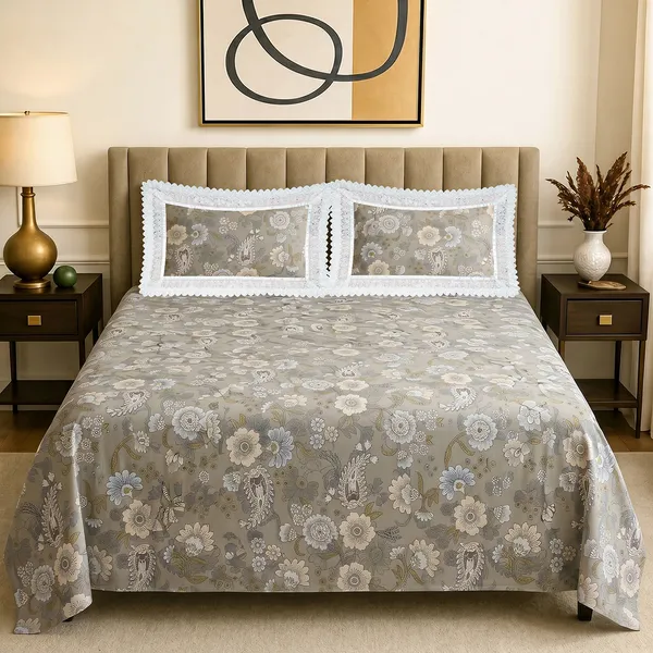 Premium_Floral_Double_Bedsheet_With_2_Lace_Border_Pillow_Covers_|_Soft_Cotton_Feel_Bedding_Set_|_Elegant_Botanical_Print_Bedsheet_For_Bedroom_Decor_(Olive_And_Cream)