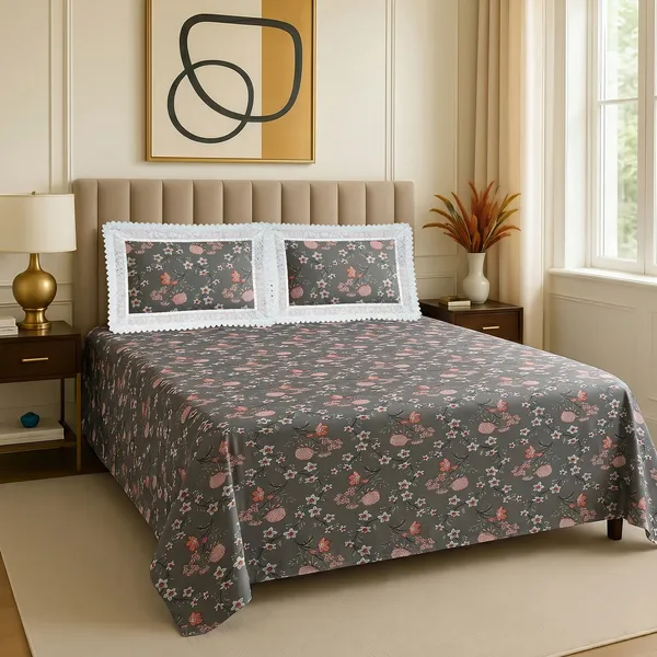 Premium_Floral_Double_Bedsheet_With_2_Lace_Border_Pillow_Covers_|_Soft_Cotton_Feel_Bedding_Set_|_Elegant_Botanical_Print_Bedsheet_For_Bedroom_Decor_(Grey_And_Coral)