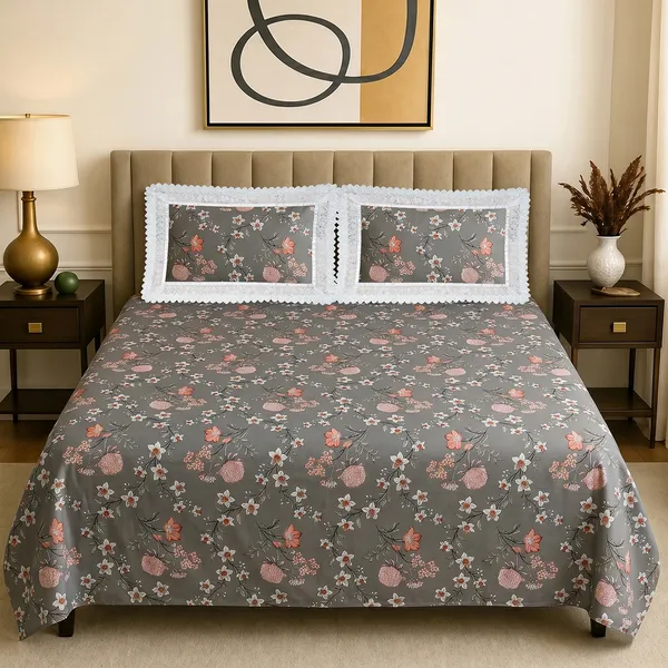 Premium_Floral_Double_Bedsheet_With_2_Lace_Border_Pillow_Covers_|_Soft_Cotton_Feel_Bedding_Set_|_Elegant_Botanical_Print_Bedsheet_For_Bedroom_Decor_(Grey_And_Coral)