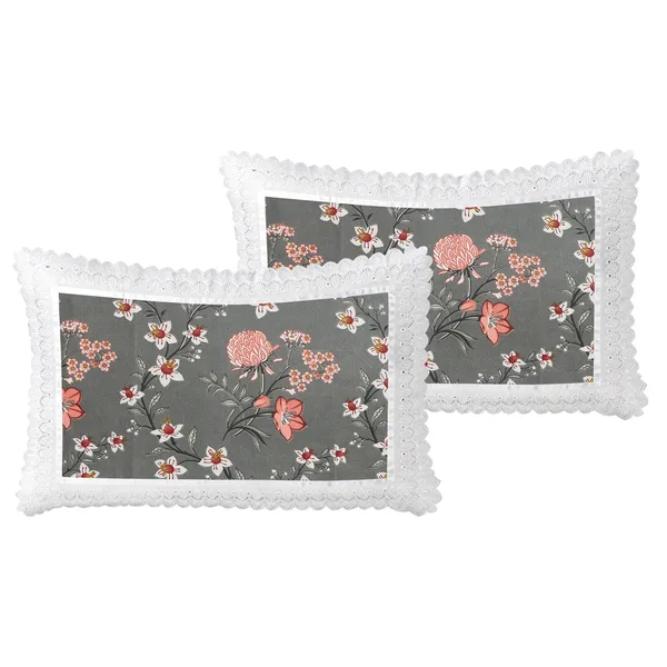Premium_Floral_Double_Bedsheet_With_2_Lace_Border_Pillow_Covers_|_Soft_Cotton_Feel_Bedding_Set_|_Elegant_Botanical_Print_Bedsheet_For_Bedroom_Decor_(Grey_And_Coral)