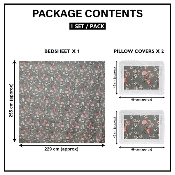 Premium_Floral_Double_Bedsheet_With_2_Lace_Border_Pillow_Covers_|_Soft_Cotton_Feel_Bedding_Set_|_Elegant_Botanical_Print_Bedsheet_For_Bedroom_Decor_(Grey_And_Coral)