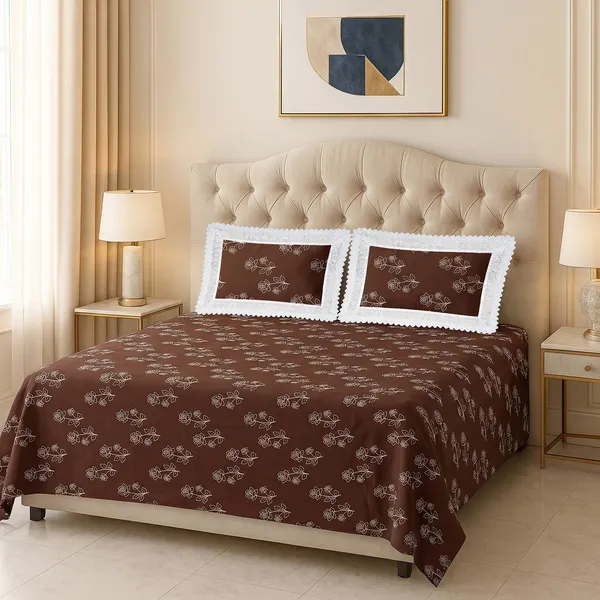 Premium_Floral_Double_Bedsheet_With_2_Lace_Border_Pillow_Covers_|_Soft_Cotton_Feel_Bedding_Set_|_Elegant_Botanical_Print_Bedsheet_For_Bedroom_Decor_(Coffee_Brown_And_Ivory)