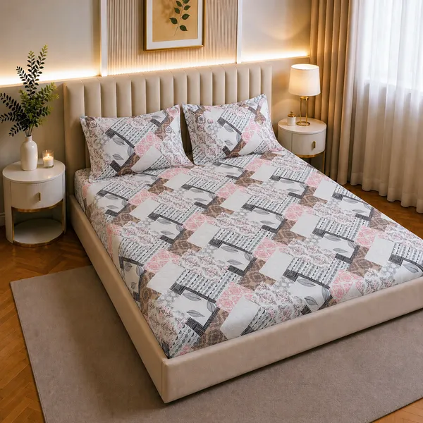 Premium_Elastic_Fitted_Bedsheet_With_2_Pillow_Covers_|_Soft_Breathable_Fabric_|_Geometric_Floral_Print_Bed_Sheet_Set_|_199_X_155_X_35_Cm_(Pink_And_Taupe)