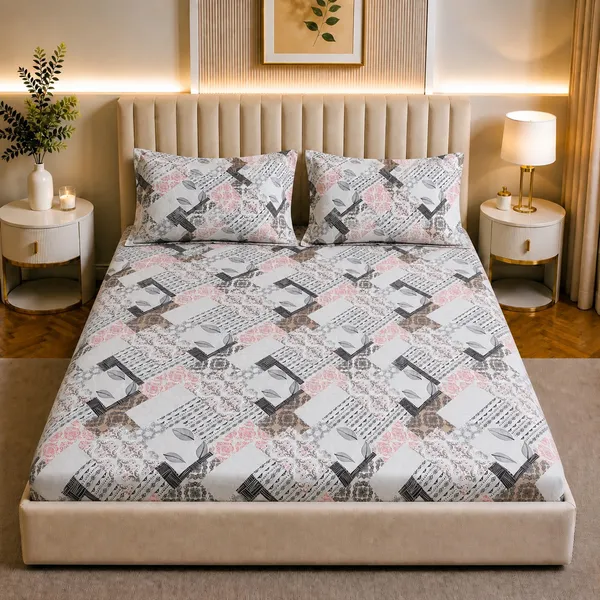Premium_Elastic_Fitted_Bedsheet_With_2_Pillow_Covers_|_Soft_Breathable_Fabric_|_Geometric_Floral_Print_Bed_Sheet_Set_|_199_X_155_X_35_Cm_(Pink_And_Taupe)
