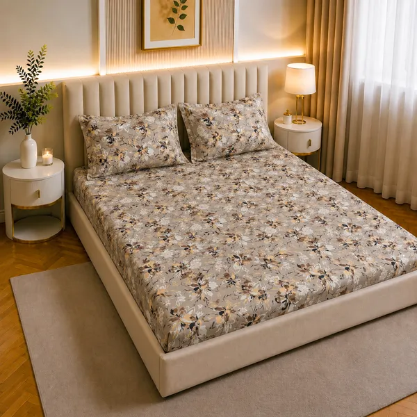 Premium_Elastic_Fitted_Bedsheet_With_2_Pillow_Covers_|_Soft_Breathable_Fabric_|_Geometric_Floral_Print_Bed_Sheet_Set_|_199_X_155_X_35_Cm_(Beige_And_Brown)