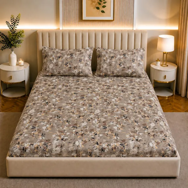 Premium_Elastic_Fitted_Bedsheet_With_2_Pillow_Covers_|_Soft_Breathable_Fabric_|_Geometric_Floral_Print_Bed_Sheet_Set_|_199_X_155_X_35_Cm_(Beige_And_Brown)