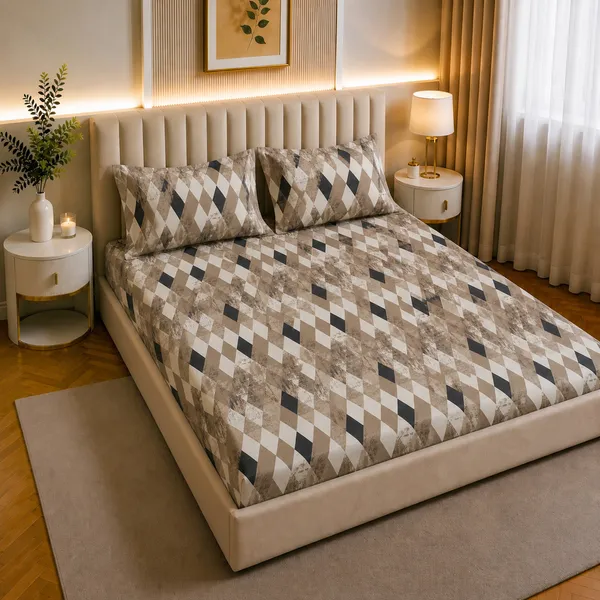 Premium_Elastic_Fitted_Bedsheet_With_2_Pillow_Covers_|_Soft_Breathable_Fabric_|_Geometric_Floral_Print_Bed_Sheet_Set_|_199_X_155_X_35_Cm_(Taupe_And_Black)