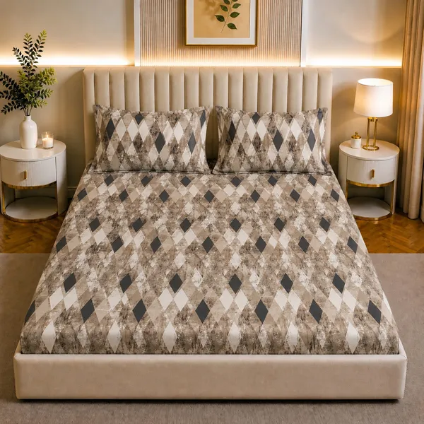 Premium_Elastic_Fitted_Bedsheet_With_2_Pillow_Covers_|_Soft_Breathable_Fabric_|_Geometric_Floral_Print_Bed_Sheet_Set_|_199_X_155_X_35_Cm_(Taupe_And_Black)
