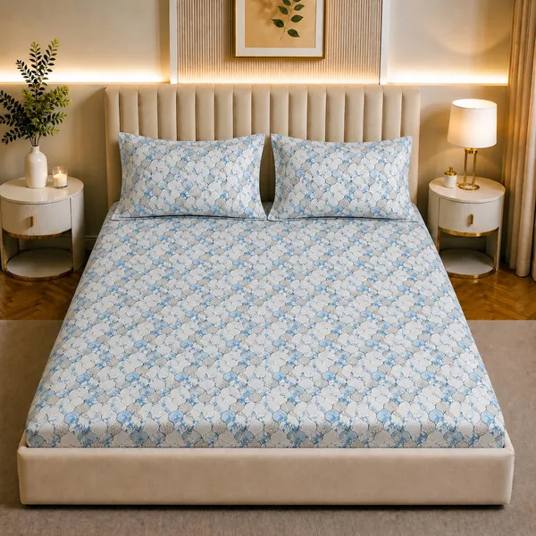 Premium_Elastic_Fitted_Bedsheet_With_2_Pillow_Covers_|_Soft_Breathable_Fabric_|_Geometric_Floral_Print_Bed_Sheet_Set_|_199_X_155_X_35_Cm_(Aqua_And_Beige)