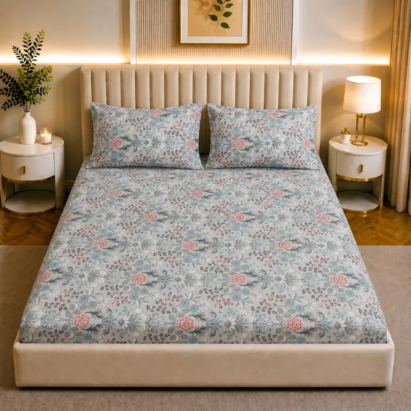 Premium_Elastic_Fitted_Bedsheet_With_2_Pillow_Covers_|_Soft_Breathable_Fabric_|_Geometric_Floral_Print_Bed_Sheet_Set_|_199_X_155_X_35_Cm_(Grey_And_Aqua)