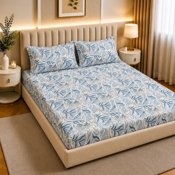 Premium_Elastic_Fitted_Bedsheet_With_2_Pillow_Covers_|_Soft_Breathable_Fabric_|_Geometric_Floral_Print_Bed_Sheet_Set_|_199_X_155_X_35_Cm_(Ice_Blue_And_Taupe)