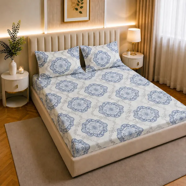 Premium_Elastic_Fitted_Bedsheet_With_2_Pillow_Covers_|_Soft_Breathable_Fabric_|_Geometric_Floral_Print_Bed_Sheet_Set_|_199_X_155_X_35_Cm_(Sapphire_And_Beige)