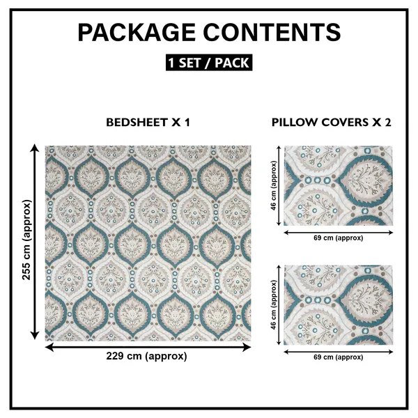 Premium_Elastic_Fitted_Bedsheet_With_2_Pillow_Covers_|_Soft_Breathable_Fabric_|_Geometric_Floral_Print_Bed_Sheet_Set_|_199_X_155_X_35_Cm_(Teal_And_Beige)