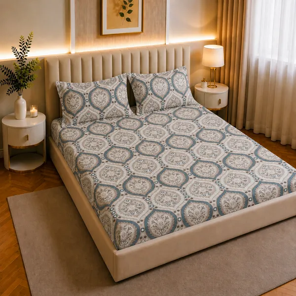 Premium_Elastic_Fitted_Bedsheet_With_2_Pillow_Covers_|_Soft_Breathable_Fabric_|_Geometric_Floral_Print_Bed_Sheet_Set_|_199_X_155_X_35_Cm_(Teal_And_Beige)