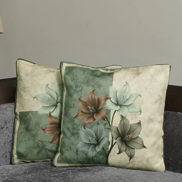 Velvet_Floral_Cushion_Covers,_Green_And_Cream_With_Lily_Pattern,_Decorative_Throw_Pillow_Cover_For_Living_Room,_16_X_16_Inch,_Set_Of_2_Pieces_(Green)