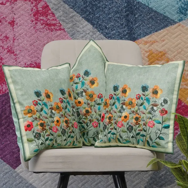 Decorative_Velvet_Floral_Cushion_Covers,_With_Peach_Flowers,_16_X_16_Inch,_Set_Of_3_Pieces,_Embroidered_Border_Design_For_Home_Decor_(Green)