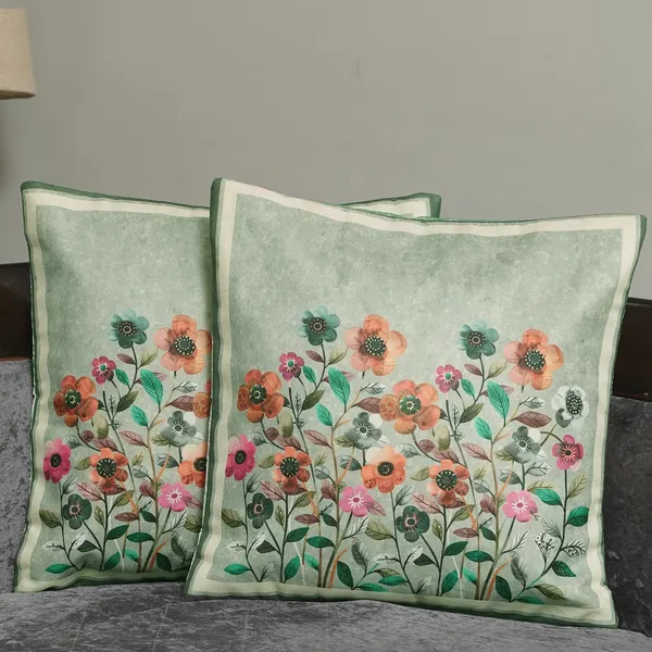 Decorative_Velvet_Floral_Cushion_Covers,_With_Peach_Flowers,_16_X_16_Inch,_Set_Of_2_Pieces,_Embroidered_Border_Design_For_Home_Decor_(Green)