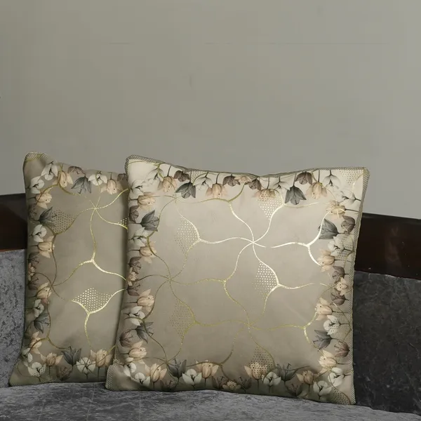 Luxury_Velvet_Cushion_Covers,_Cream_White_With_Grey_Tulip_Border_And_Gold_Foil_Pattern,_16_X_16_Inch,_Set_Of_2_Pieces_(Brown)