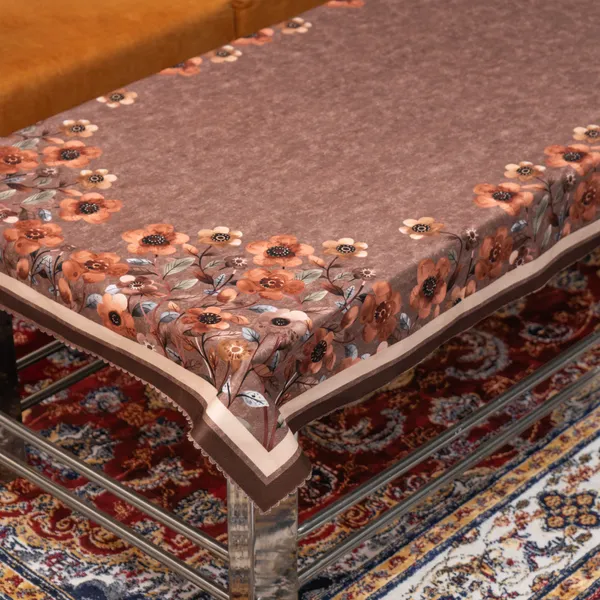 Velvet_Table_Cover_With_Floral_Design,_With_Leaf_Pattern_Border_In_Dual_Tone_Colour_Suitable_For_Living_Room,_Brown