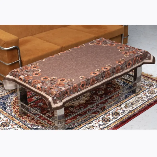 Velvet_Table_Cover_With_Floral_Design,_With_Leaf_Pattern_Border_In_Dual_Tone_Colour_Suitable_For_Living_Room,_Brown
