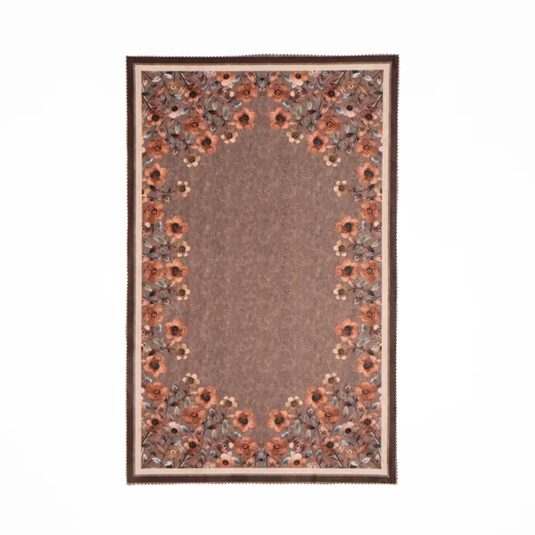 Velvet_Table_Cover_With_Floral_Design,_With_Leaf_Pattern_Border_In_Dual_Tone_Colour_Suitable_For_Living_Room,_Brown