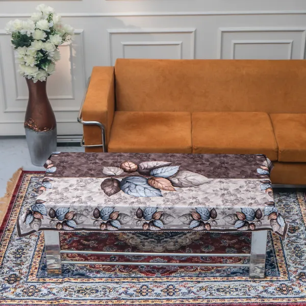 Velvet_Table_Cover_With_Floral_Design,_With_Leaf_Pattern_Border_In_Dual_Tone_Colour_Suitable_For_Living_Room,_Brown