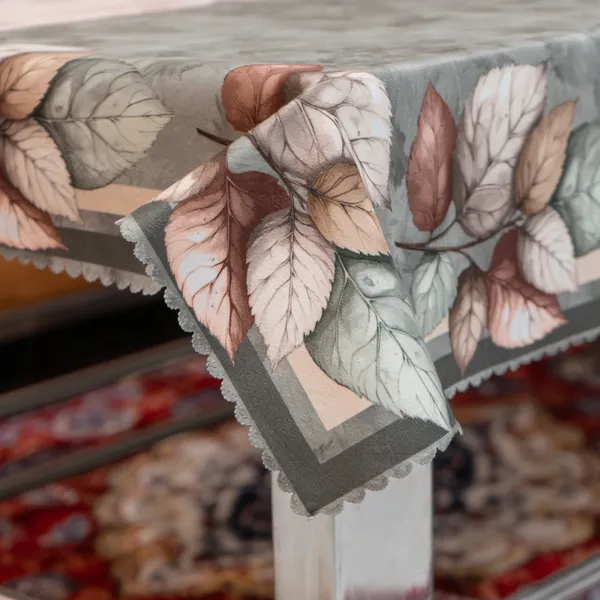 Velvet_Table_Cover_With_Floral_Design,_With_Leaf_Pattern_Border_In_Dual_Tone_Colour_Suitable_For_Living_Room,_Green