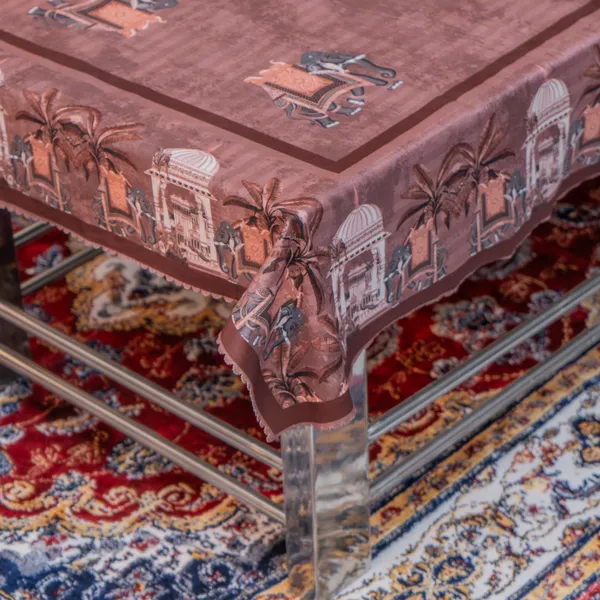 Velvet_Elephant_Design_Table_Cover,_With_Domed_Architecture_And_Palm_Tree_Pattern,_Premium_Living_Room_Center_Table_Cover,_Dark_Brown