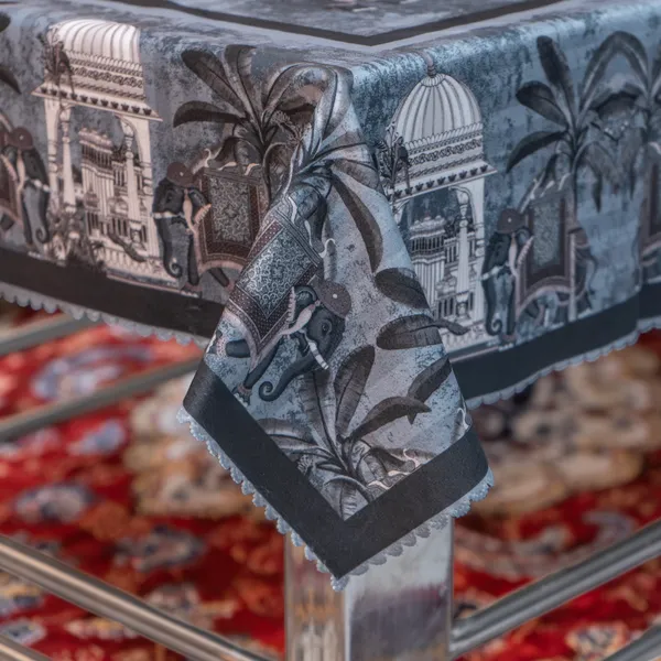 Velvet_Elephant_Design_Table_Cover,_With_Domed_Architecture_And_Palm_Tree_Pattern,_Premium_Living_Room_Center_Table_Cover,_Grey