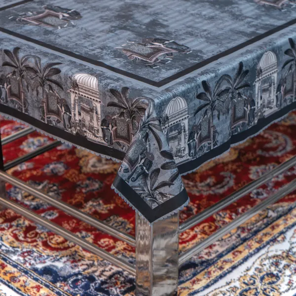 Velvet_Elephant_Design_Table_Cover,_With_Domed_Architecture_And_Palm_Tree_Pattern,_Premium_Living_Room_Center_Table_Cover,_Grey