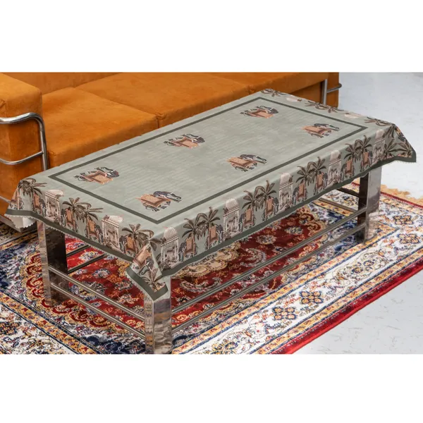 Velvet_Elephant_Design_Table_Cover,_With_Domed_Architecture_And_Palm_Tree_Pattern,_Premium_Living_Room_Center_Table_Cover,_Green