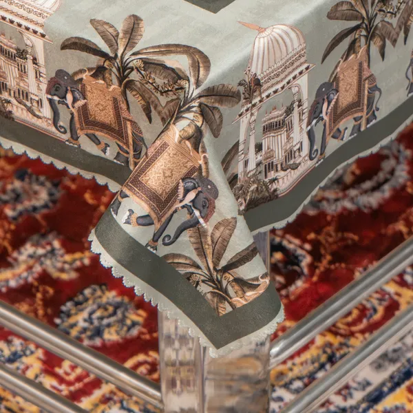 Velvet_Elephant_Design_Table_Cover,_With_Domed_Architecture_And_Palm_Tree_Pattern,_Premium_Living_Room_Center_Table_Cover,_Green
